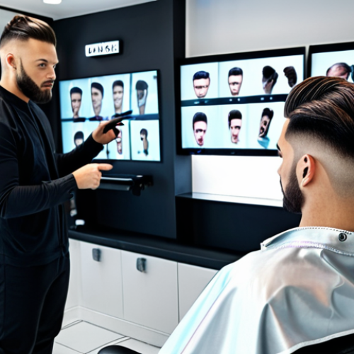 Home 11 **
A modern barbershop interior showcasing a holographic display showing a 3D simulation of a man with different hairstyles. A barber is consulting with the client, pointing to the display. In the background, advanced hair diagnostic tools are visible. The overall aesthetic is clean, tech-forward, and stylish. Focus on the integration of technology and personalized service.
**
