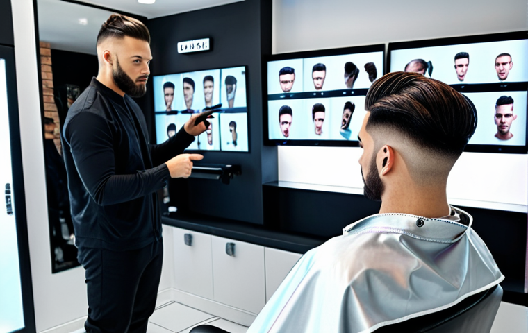**
A modern barbershop interior showcasing a holographic display showing a 3D simulation of a man with different hairstyles. A barber is consulting with the client, pointing to the display. In the background, advanced hair diagnostic tools are visible. The overall aesthetic is clean, tech-forward, and stylish. Focus on the integration of technology and personalized service.
**