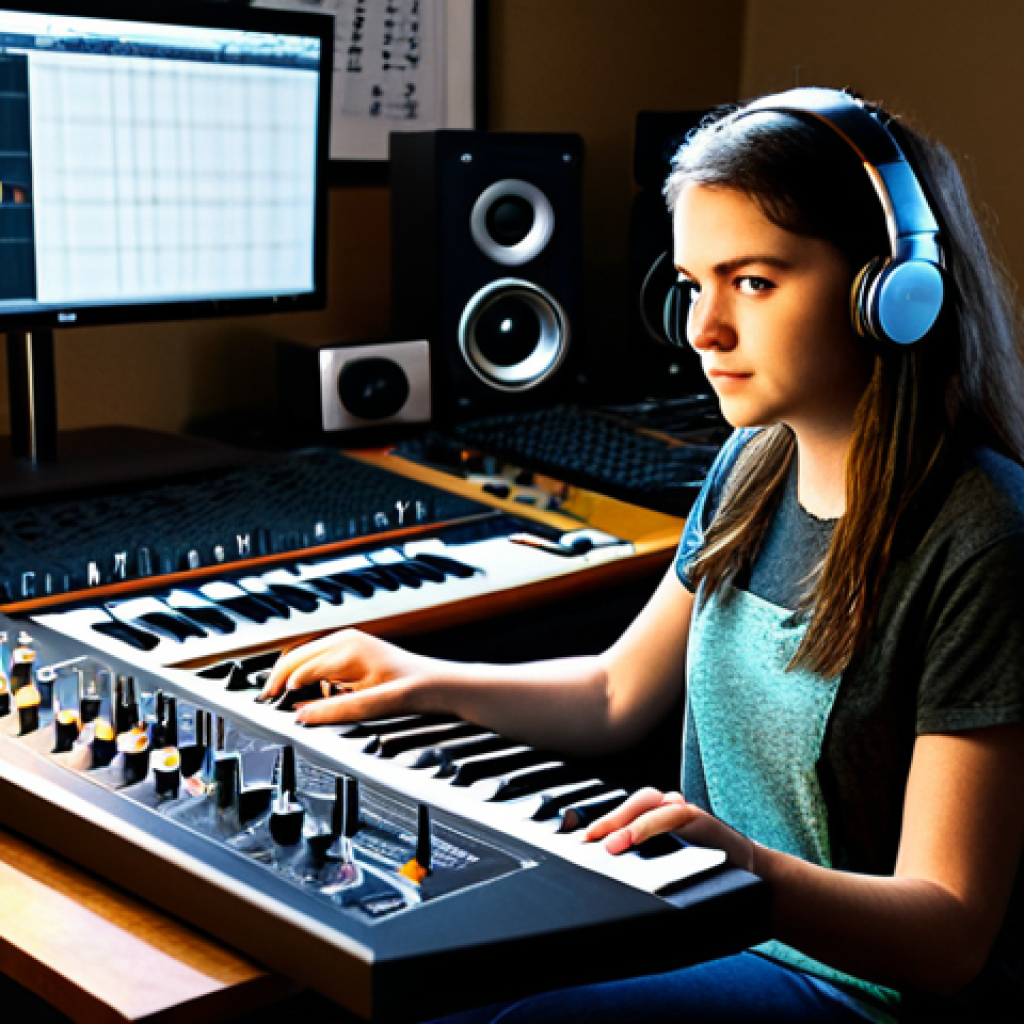 브래드이발소 주제곡 작곡가 - "Sarah, a young female composer with a determined expression, sitting at a mixing board in a cozy ho...