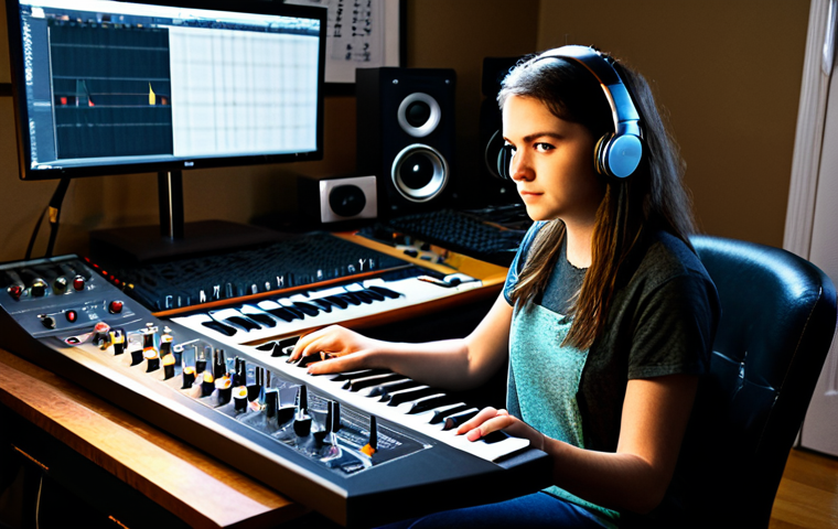 브래드이발소 주제곡 작곡가 - "Sarah, a young female composer with a determined expression, sitting at a mixing board in a cozy ho...