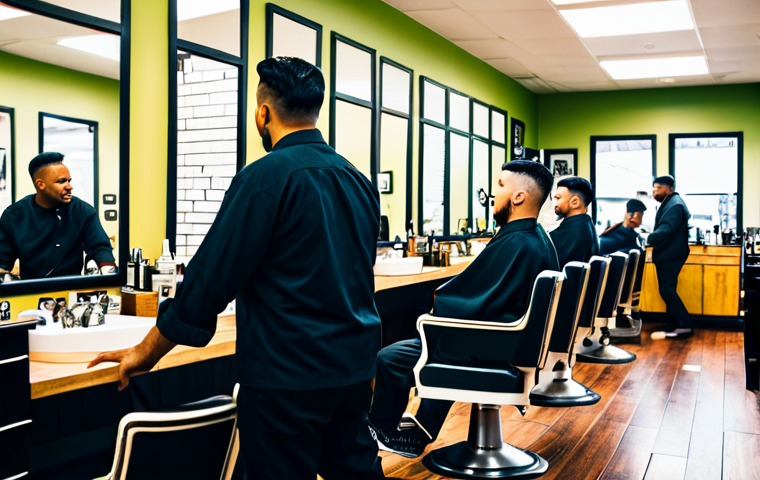 브래드이발소 주제곡 작곡가 - "Brad, a friendly barbershop owner, standing proudly in his vintage-style barbershop, fully clothed ...