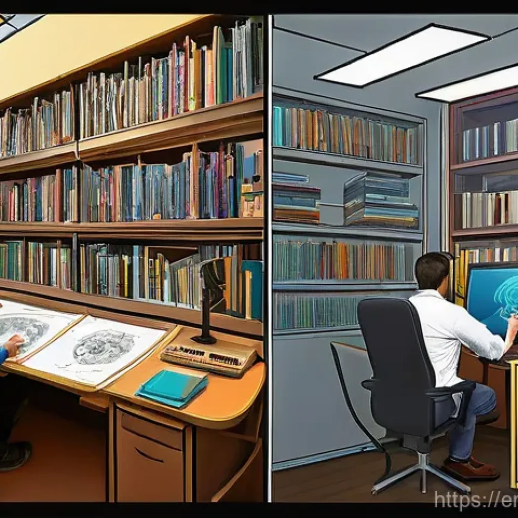 브래드이발소 애니메이션 기술 - **"Evolution of Animation: Traditional Cel vs. Digital Workflow"**
A vibrant, side-by-side illus...