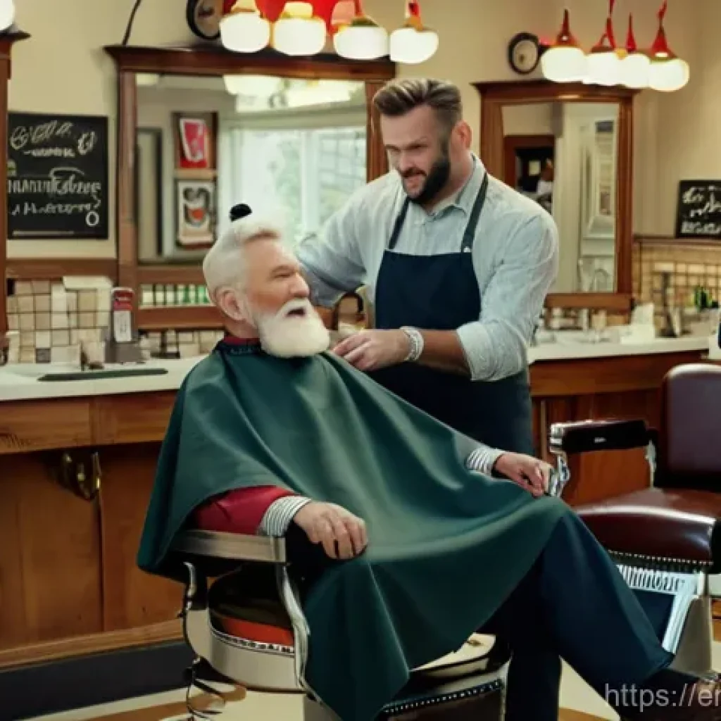 브래드이발소 성우 인터뷰 - **Prompt:** An animated scene inside "Brad's Barbershop" during a busy afternoon. The barbershop has...
