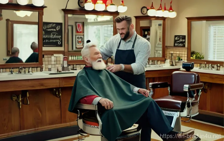 브래드이발소 성우 인터뷰 - **Prompt:** An animated scene inside "Brad's Barbershop" during a busy afternoon. The barbershop has...