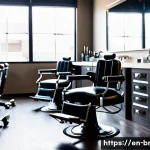 브래드이발소 캐릭터와 헤어 트렌드 - A stylish young man in a modern barbershop setting, featuring a fresh pompadour haircut with sharp f...