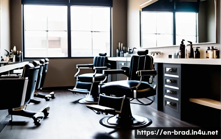 브래드이발소 캐릭터와 헤어 트렌드 - A stylish young man in a modern barbershop setting, featuring a fresh pompadour haircut with sharp f...