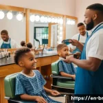 브래드이발소와 아이들 행동 발달 - A warm, bustling barbershop interior filled with natural light streaming through large windows, show...