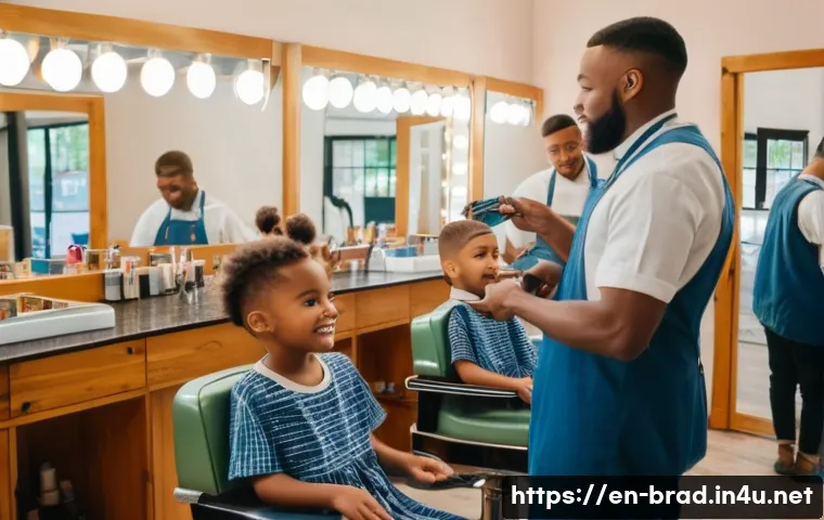 브래드이발소와 아이들 행동 발달 - A warm, bustling barbershop interior filled with natural light streaming through large windows, show...