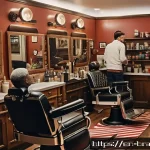 브래드이발소 에피소드 제목별 정리 - A cozy, vintage barbershop interior with warm, inviting lighting; classic leather barber chairs arra...