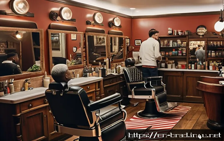 브래드이발소 에피소드 제목별 정리 - A cozy, vintage barbershop interior with warm, inviting lighting; classic leather barber chairs arra...