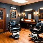 브래드이발소 등장인물 소개 - A cozy, modern barbershop interior blending vintage and contemporary styles, featuring plush leather...