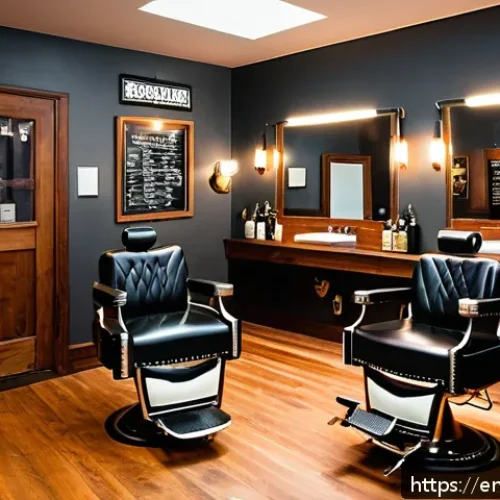 브래드이발소 등장인물 소개 - A cozy, modern barbershop interior blending vintage and contemporary styles, featuring plush leather...