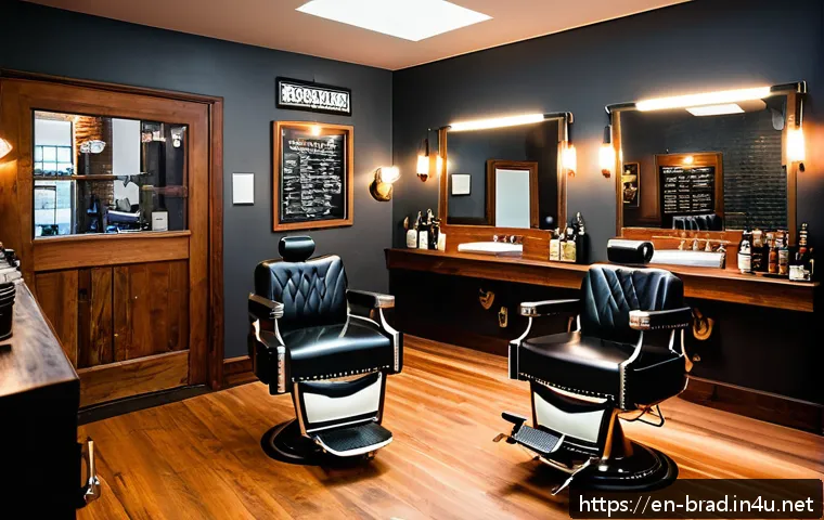 브래드이발소 등장인물 소개 - A cozy, modern barbershop interior blending vintage and contemporary styles, featuring plush leather...