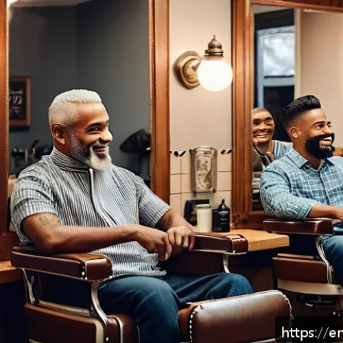 브래드이발소 장면별 메시지 - A cozy, warmly lit barbershop interior filled with diverse clients of various ages and ethnicities e...