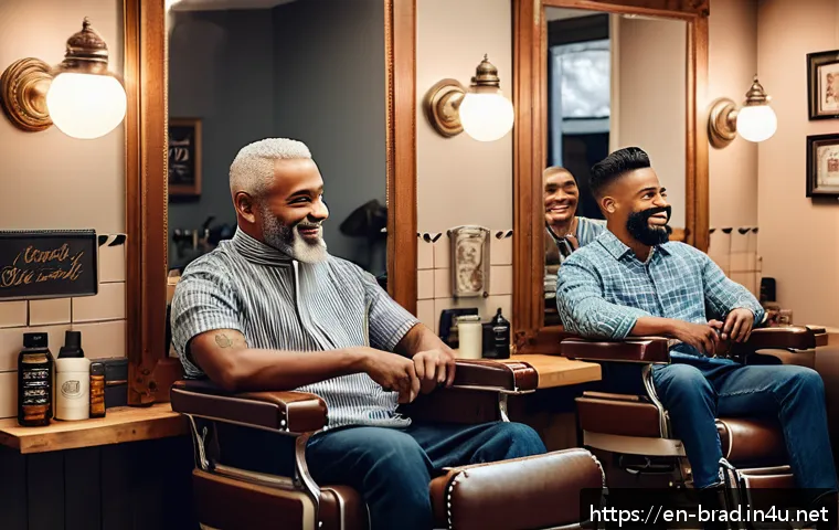 브래드이발소 장면별 메시지 - A cozy, warmly lit barbershop interior filled with diverse clients of various ages and ethnicities e...