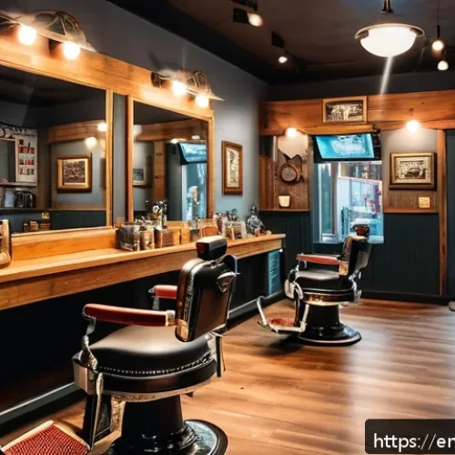 브래드이발소 TV 방영 정보 - A lively urban barbershop interior bustling with diverse customers and barbers, warm lighting highli...