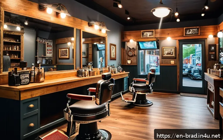 브래드이발소 TV 방영 정보 - A lively urban barbershop interior bustling with diverse customers and barbers, warm lighting highli...